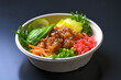 Take away Poke bowl with salmon, avocado, pickled cucumbers, carrots, edamame beans, salad, rice and sesame 