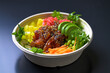 Take away Poke bowl with Tuna, avocado, pickled cucumbers, carrots, edamame beans, salad, rice and sesame 