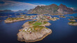 The football stadium in Henningsvaer on the Lofoten Islands, Norway from above