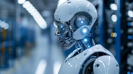 A robot is standing in a warehouse with blue lights, AI