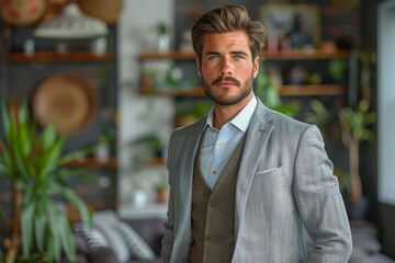 Suave young businessman dressed in a suit, posing confidently in a well-decorated modern office space