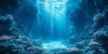 In The Deep Blue Sea, Sunlight Pierces Through, Illuminating The Vibrant Underwater World Of Marine Life.