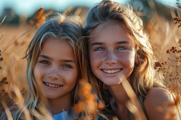 Heartwarming portrait of two smiling sisters in a meadow at sunset, portraying sibling love and joy