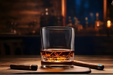 Closeup a glass of brandy or whiskey with ice cubes and cigarette on wooden table with copy space. Alcohol addiction concept. Smoking and drinking together, bar drink concept. Photorealistic.