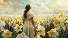 Back View Of A Young Woman Wearing A Traditional Outfit As She Stands In A Springtime Field Of White And Yellow Daffodils