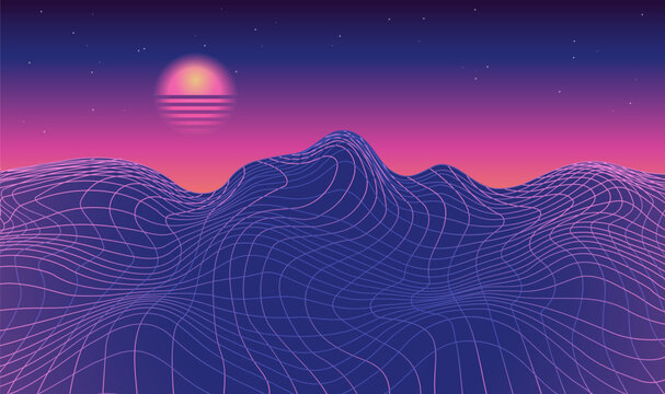 Retro fantastic background in 80s style. Vector mountain wireframe landscape with night sky and vintage blurred sunset. Futuristic dark blue neon grid scenery. Retro Sci-Fi vector backdrop.