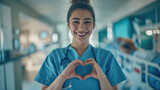 Fototapeta Pokój dzieciecy - Closeup female nurse making a heart shape with her hands while smiling and standing in hospital and looking at a camera