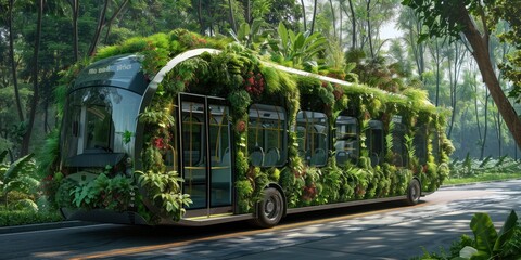 Green Transit, City Bus Adorned with Lush Greenery, Pioneering Eco-Friendly Urban Mobility