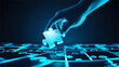hand holding jigsaw puzzle hologram. Digital solution, collaboration, partners cooperate, implement merge, matching concept