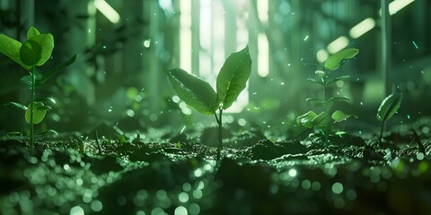 Wall Mural - Serene forest floor with sprouting leaves and soft sunlight. tranquil nature scene, perfect for environmental themes. freshness captured in a photo. AI