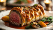 Exquisite plate of beef Wellington, showcasing a golden-brown puff pastry encasing tender beef fillet, accompanied by rich mushroom duxelles, Generative AI
