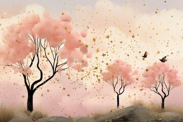 Poster - tranquil pink nature background with elegant trees and charming birds illustration.