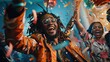Cheerful african american man in orange jacket and sunglasses having fun with confetti at party, ai generative