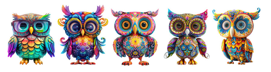 Wall Mural - cartoon colorful owl isolated cutout on transparent background. set of cute cartoon characters owls