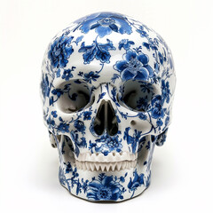 White Porcelain human skull decorated with blue floral patters. 