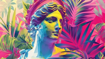 A Greek statue of Demeter in a lush jungle rendered in a vibrant and colorful pop art style with bold lines and patterns