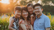 Portrait of a Malaysian Chinese happy family, outdoor. Asian family parents and children smiling together. 