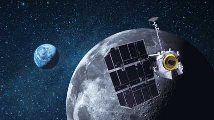 Wall Mural - satellite lunar reconnaissance orbiter flies near the moon with craters and explores the moon in spa