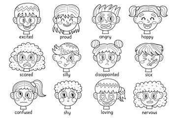 Cute kids emotions faces black and white collection. Different emotional expressions of children outline bundle. Learning feeling poster for school and preschool. Vector illustration