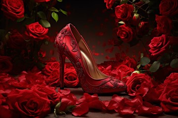 a red high heeled shoe surrounded by roses