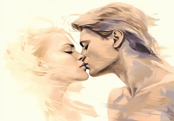 Wall Mural - Passionate kiss between charming handsome lovers. Colorfull image of loving couple. Cropped close up profile. Digital art in the style of a painted picture. Illustration for cover, card or print.