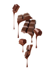 Wall Mural - Pieces of broken chocolate bar with dripping drops isolated on a white background