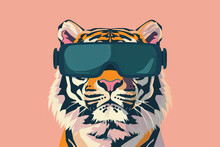 Majestic Tiger With VR Headset On Pastel Background. Generative Ai Image