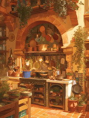 Rustic Kitchen Interior with Warm Sunlight