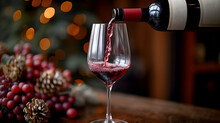 A Wine Bottle, With Its Elegant Shape And Deep Red Liquid Inside, Is Being Poured Into A Crystal Glass, Ready To Be Enjoyed During A Romantic Dinner.