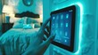 © Dmitriy - a girl's hand poking at the touch screen of a wall-mounted tablet against the background of the bed, smart home system