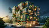 Fototapeta Londyn - Opulent sustainable green building with vibrant maximalist background.