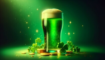 Wall Mural - Saint patrick's day illustration with a tall glass of frothy green beer.