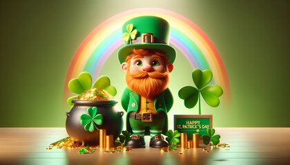 Wall Mural - St. patrick's day background illustration with a leprechaun and traditional elements.