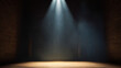 Spotlight on stage with wooden wall and floor. Mysterious suspenseful atmosphere