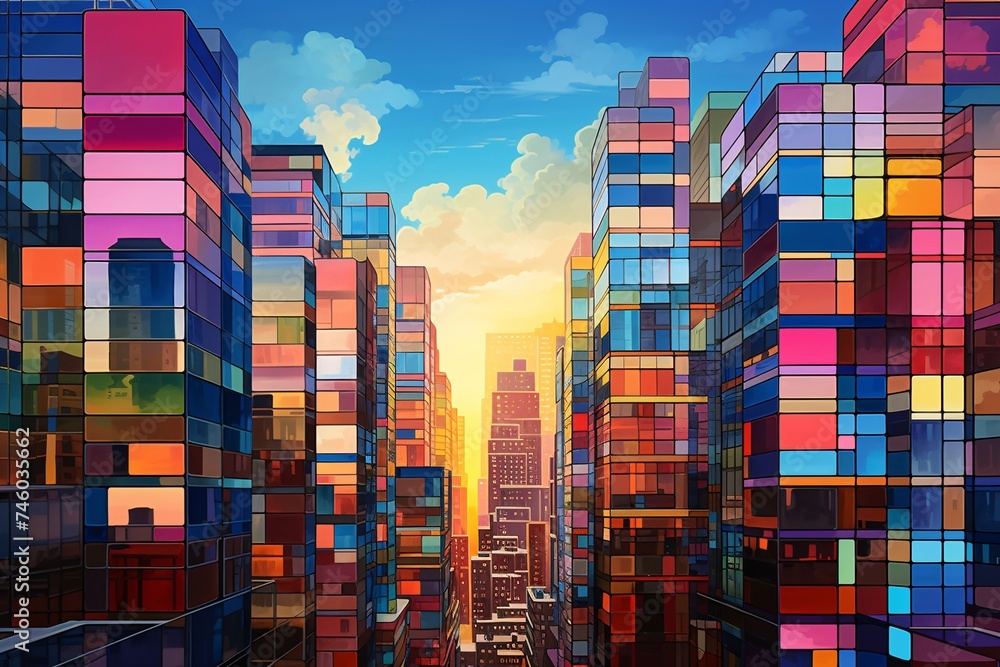 a colorful city buildings with blue sky and clouds
