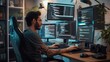 © Robert Anto - A focused programmer with tattoos works on multiple monitors displaying code in a modern, dimly lit home office, surrounded by tech equipment and plants.