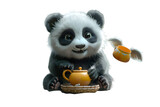 Fototapeta Zwierzęta - A whimsical 3D cartoon scene of a playful panda having a picnic with a magical flying teapot.