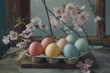 Easter background with Easter eggs and spring flowers. 