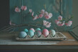 Easter background with Easter eggs and spring flowers. 