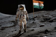 An astronaut walks on the surface of the moon next to the Indian flag