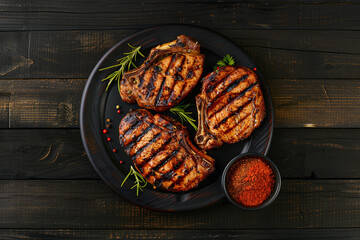 Wall Mural - Grilled pork steak in frying pan on black background with copy space. Top view, flat lay food. Image for Cafe and Restaurant Menus