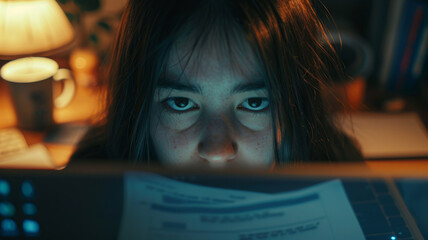 Close-up of a girl's face in the light of the monitor