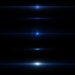 Lens flares and anamorphic lens flare. Blue streak filter effects on black background.