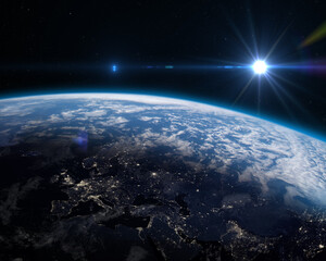 Wall Mural - earth at night - europe, africa and asia. planet earth from the space at night and sun. elements of 