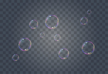 Wall Mural - Realistic soap vector bubbles png isolated on transparent background. The effect of falling and flying bubbles. Glass bubble effect.	