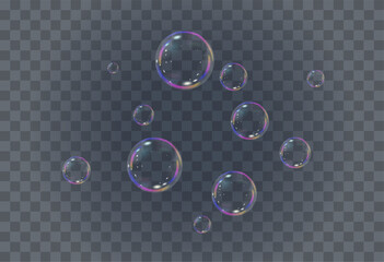 Wall Mural - Realistic soap vector bubbles png isolated on transparent background. The effect of falling and flying bubbles. Glass bubble effect.	