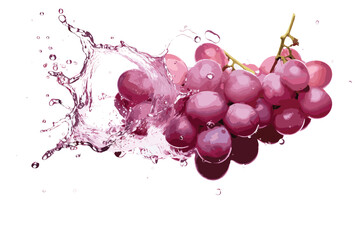 Red grape cluster with green leaves isolated on white background. red grapes juice splash. vector illustration.