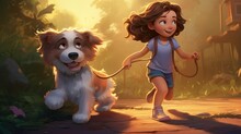 A Girl With Curly Brown Hair And Blue Shorts Is Happily Running With A Brown And White Dog On A Leash. They Are In A Lush Green Forest With Warm Sunlight Shining Through The Trees.