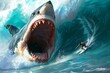 Surfer escaping a giant shark's jaws - An intense moment where a surfer narrowly dodges the massive open jaws of a great white shark