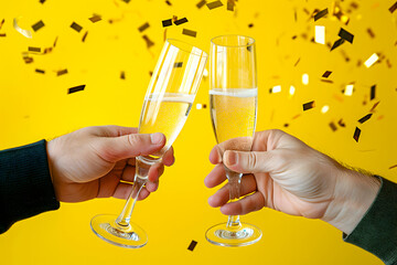 two hands clinking champagne glasses against vibrant yellow background with gold confetti